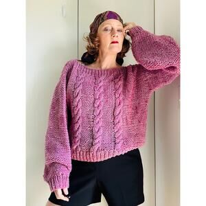 Handmade Wool Sweater Lilac Purple Cable Knit Balloon Sleeve Size L Cozy Chunky